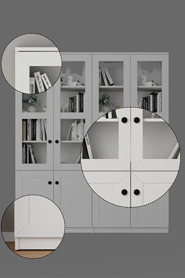 Lisa 8 Kapaklı Beyaz Vitrin Seti - Kitaplık ve Çok Amaçlı Dolap