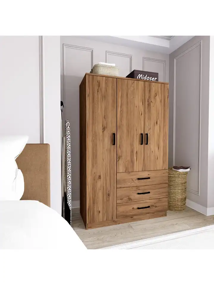 Easy Atlantik Çam 3 Kapılı 3 Çekmeceli Çok Amaçlı Elbise Dolabı
