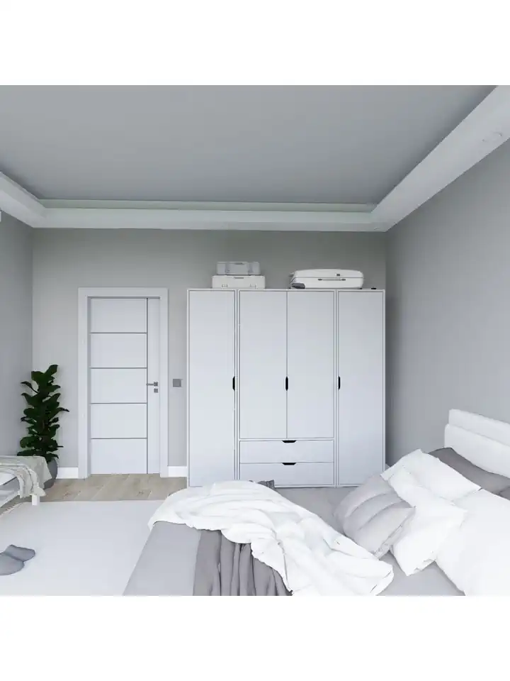 Duru Mat Beyaz 4 Kapılı 2 Çekmeceli Elbise Dolabı - Gardırop Seti