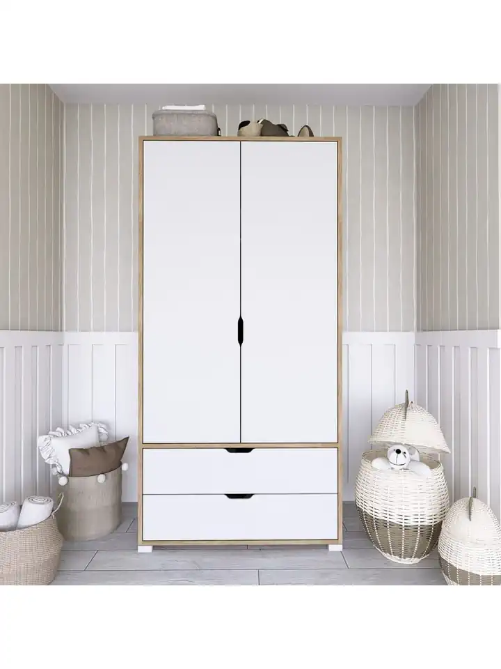 90 Cm Açık Ceviz-Beyaz 2 Kapılı 2 Çekmeceli Elbise Dolabı - Gardırop
