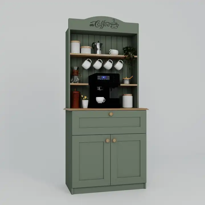 Lucas 2 Kapaklı Çekmeceli Kahve Köşesi ve Çok Amaçlı Mutfak Dolabı - Açık Ceviz & Yeşil