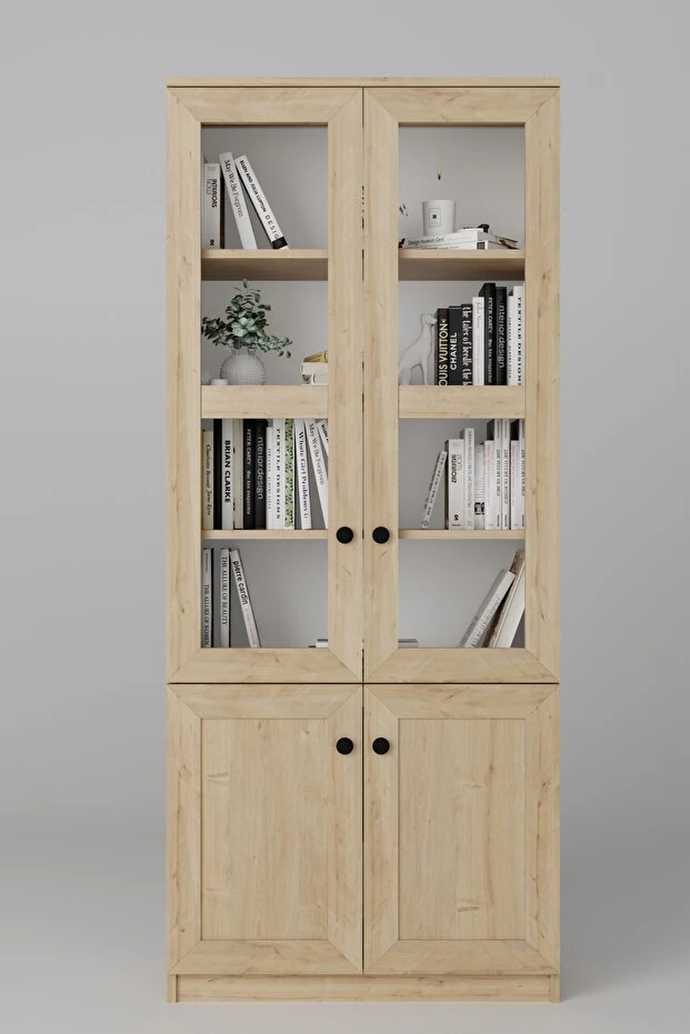 Lisa 4 Kapaklı Safir Meşe Vitrin -Kitaplık ve Çok Amaçlı Dolap