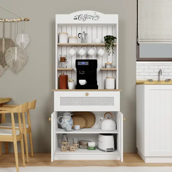 Lucas 2 Kapaklı Çekmeceli Pvc Hasır Desen Kahve Köşesi & Çok Amaçlı Mutfak Dolabı-Açık Ceviz & Beyaz