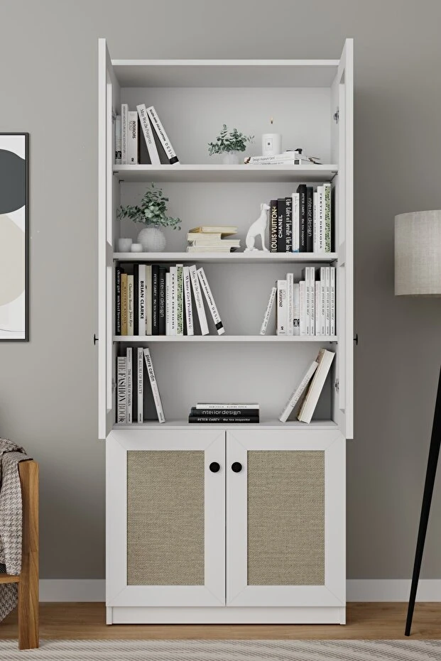 Lisa Kumaş Desenli 4 Kapaklı Beyaz Vitrin - Kitaplık ve Çok Amaçlı Dolap