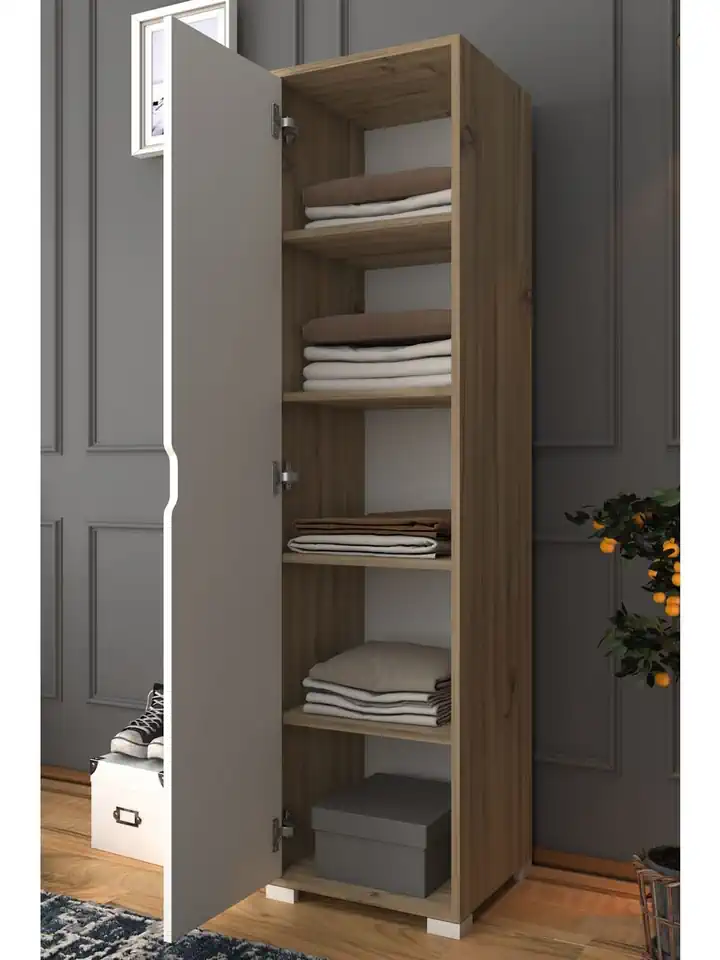 Nisan 40 Cm Açık Ceviz-beyaz 5 Raflı Kiler Tek Kapılı Banyo Ve Elbise Dolabı - Gardırop
