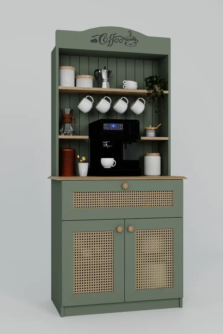 Lucas 2 Kapaklı Çekmeceli Pvc Hasır Desen Kahve Köşesi & Çok Amaçlı Mutfak Dolabı-Açık Ceviz & Yeşil