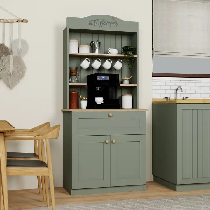 Lucas 2 Kapaklı Çekmeceli Kahve Köşesi ve Çok Amaçlı Mutfak Dolabı - Açık Ceviz & Yeşil