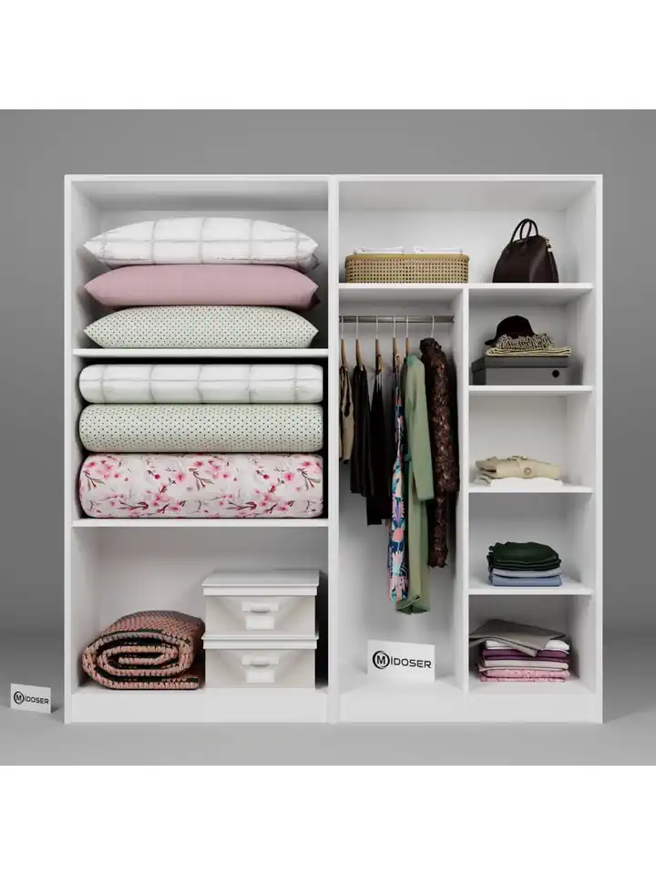 Lucas 4 Kapaklı 8 Raflı Yüklük ve Elbise Dolabı Seti - Mat Beyaz
