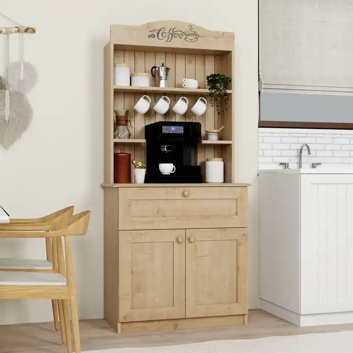 Lucas 2 Kapaklı Çekmeceli Kahve Köşesi ve Çok Amaçlı Mutfak Dolabı - Safir Meşe