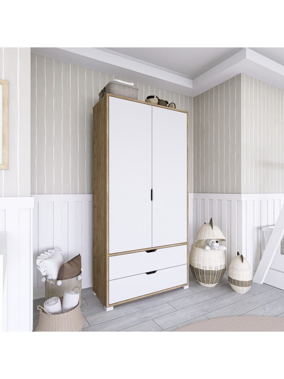 90 Cm Açık Ceviz-Beyaz 2 Kapılı 2 Çekmeceli Elbise Dolabı - Gardırop