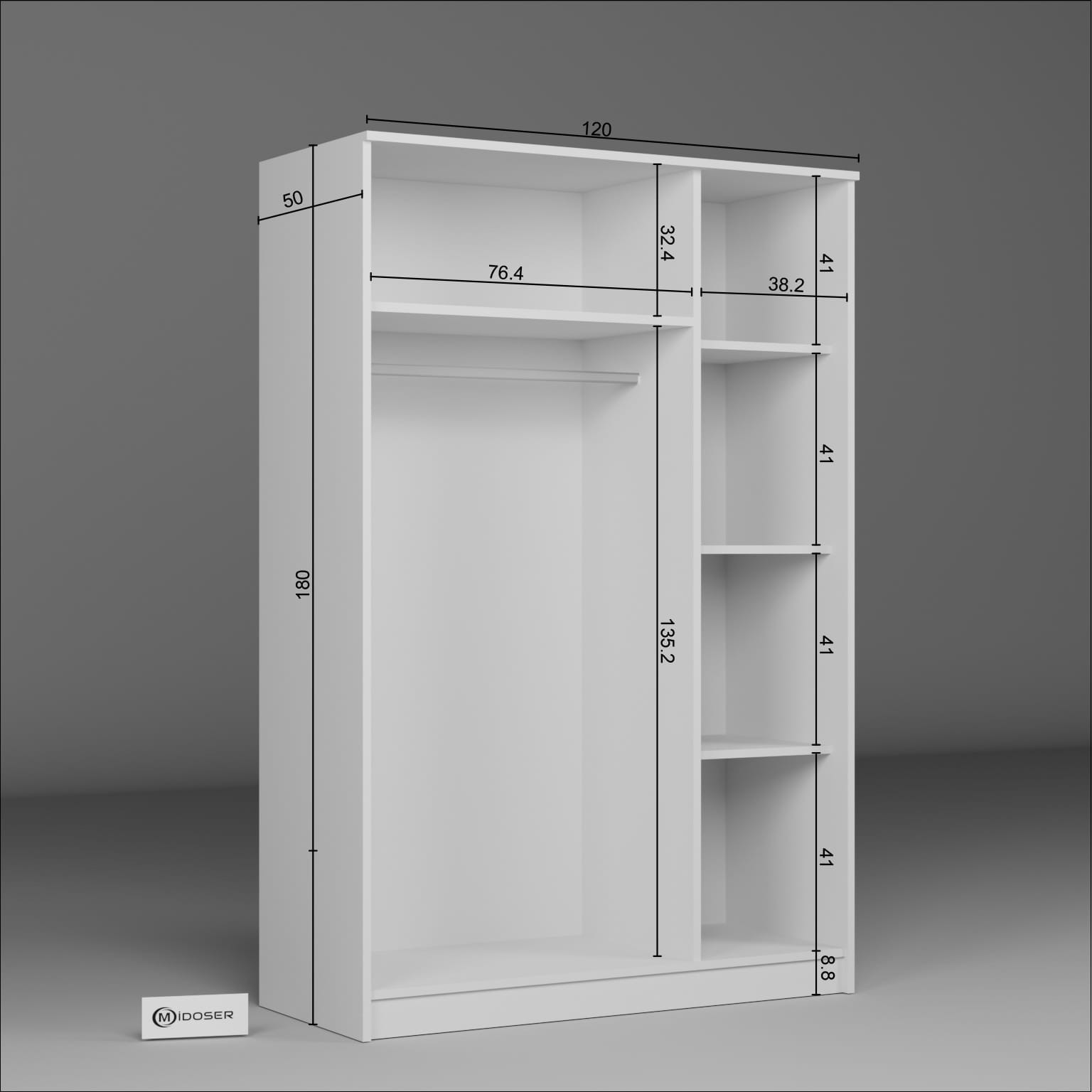 Kardelen Serisi Mat Beyaz 3 Kapaklı 5 Raflı 120 Cm Elbise Dolabı