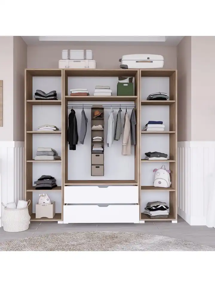 Nisan Açık Ceviz-beyaz 4 Kapılı 2 Çekmeceli Elbise Dolabı - Gardırop Seti