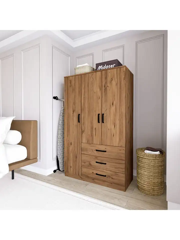 Easy Atlantik Çam 3 Kapılı 3 Çekmeceli Çok Amaçlı Elbise Dolabı