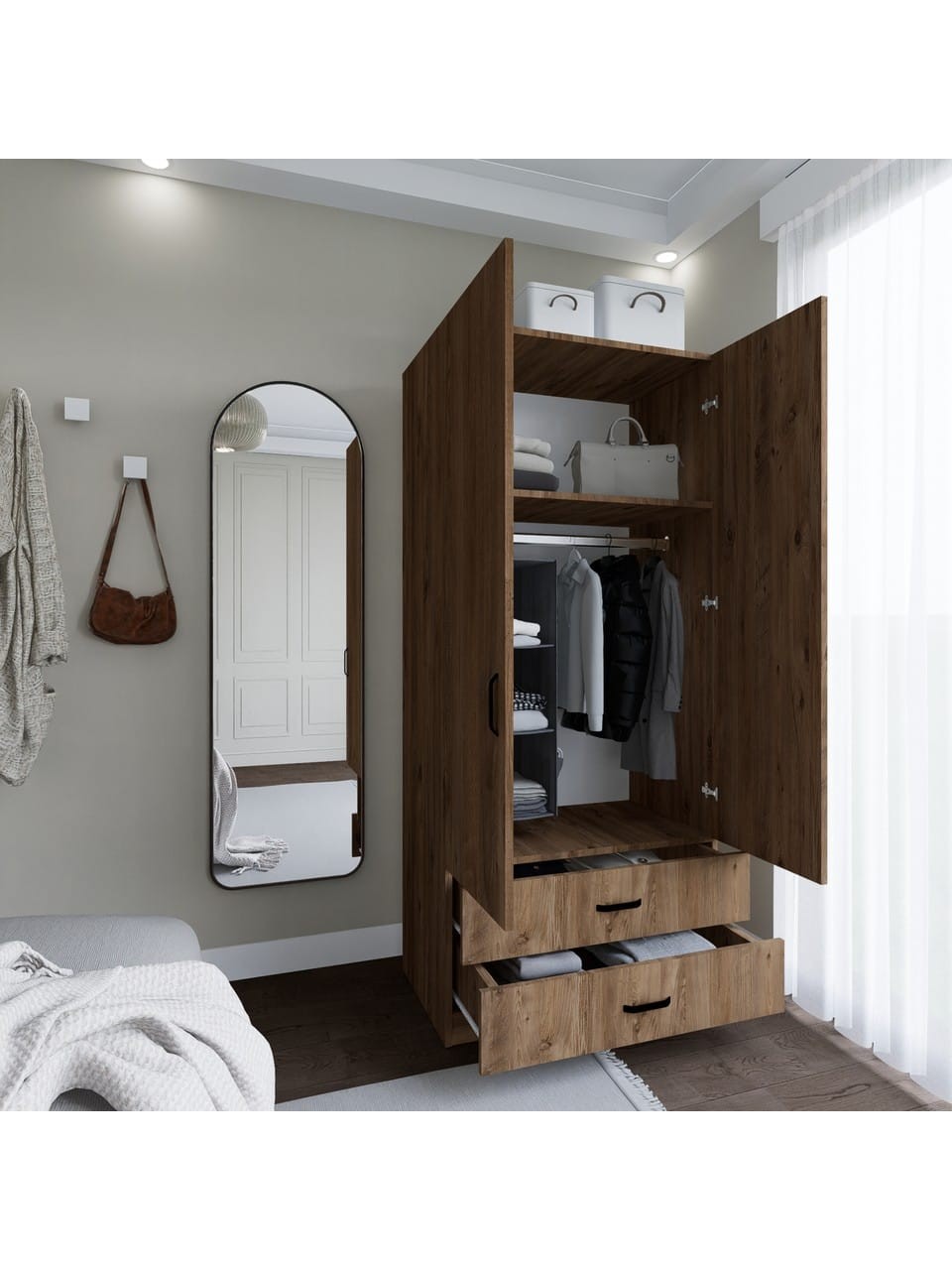 Yaman 80 cm Atlantik Çam 2 Kapaklı 2 Çekmeceli Elbise Dolabı - Gardırop