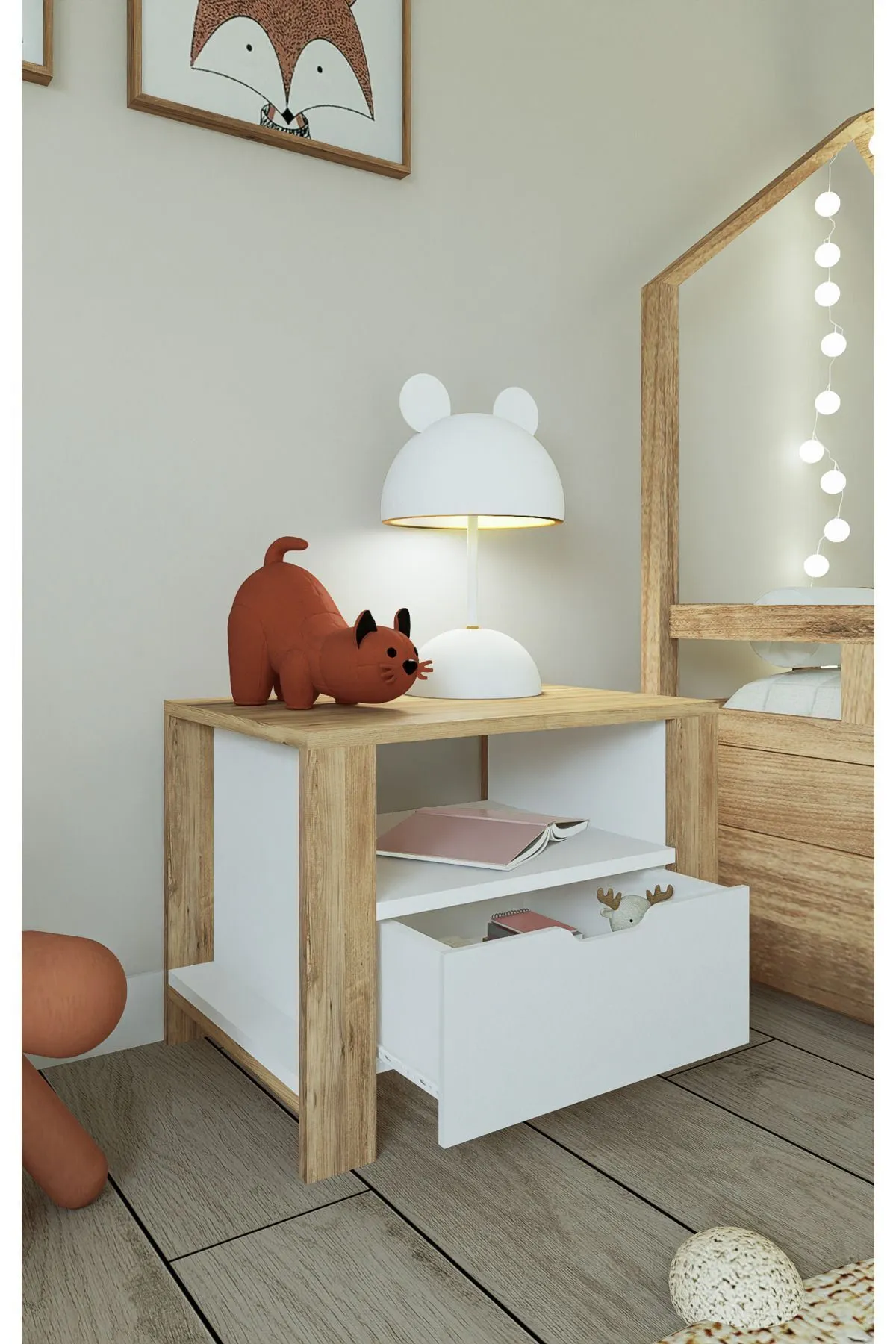 Nisan 2 Çekmeceli Komodin Beyaz-Keçe ( Açık Ceviz)