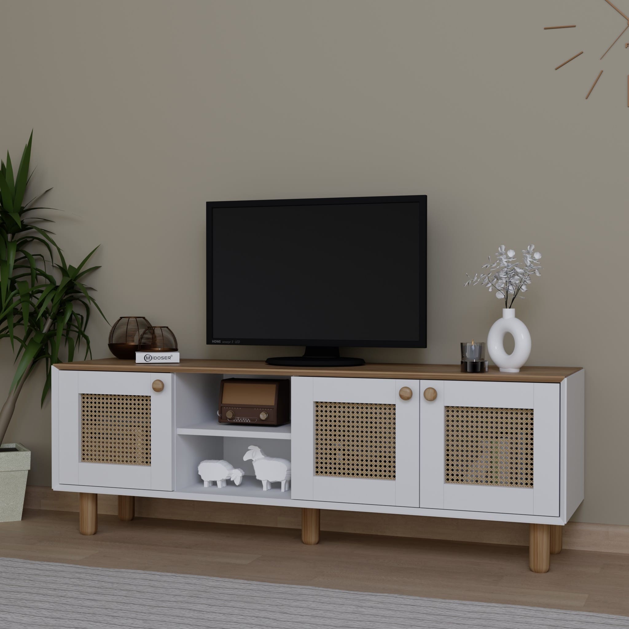 Bohem Serisi Garden Meşe - Beyaz Pvc Hasır Desen Tv Ünitesi