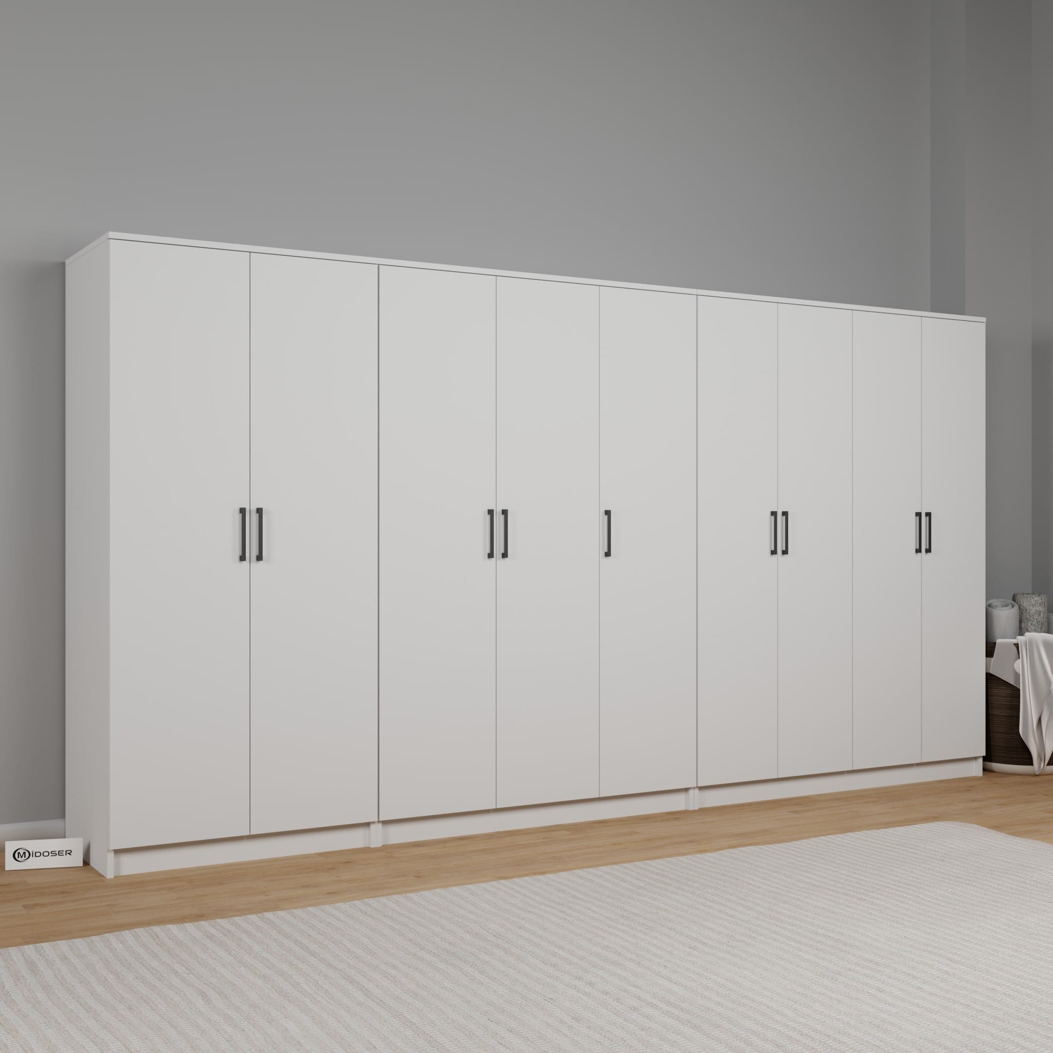 Kardelen Serisi 340 cm Mat Beyaz 9 Kapılı 14 Raflı Elbise Dolabı - Gardırop Seti