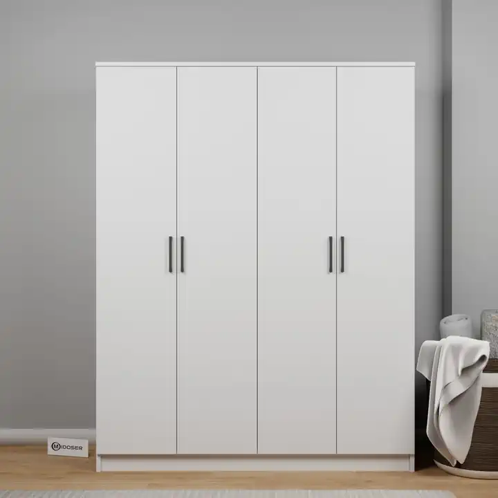 Kardelen Serisi 140 Cm Mat Beyaz 4 Kapılı 5 Raflı Elbise Dolabı