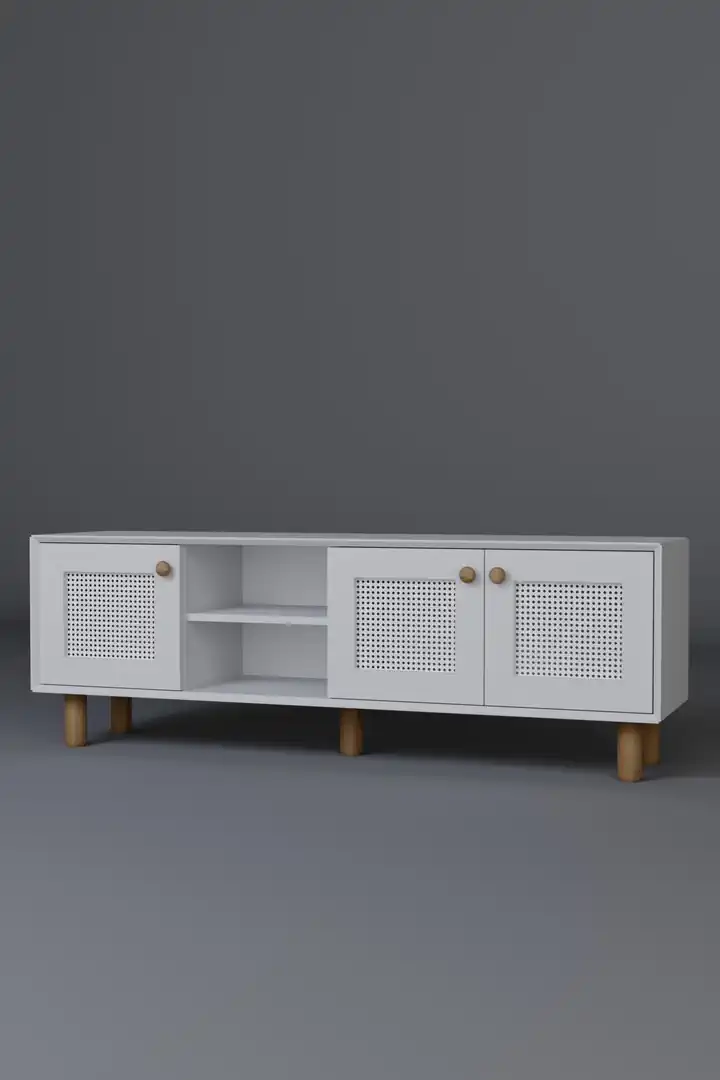 Bohem Serisi Natura Mat Beyaz Pvc Hasır Desen Tv Ünitesi