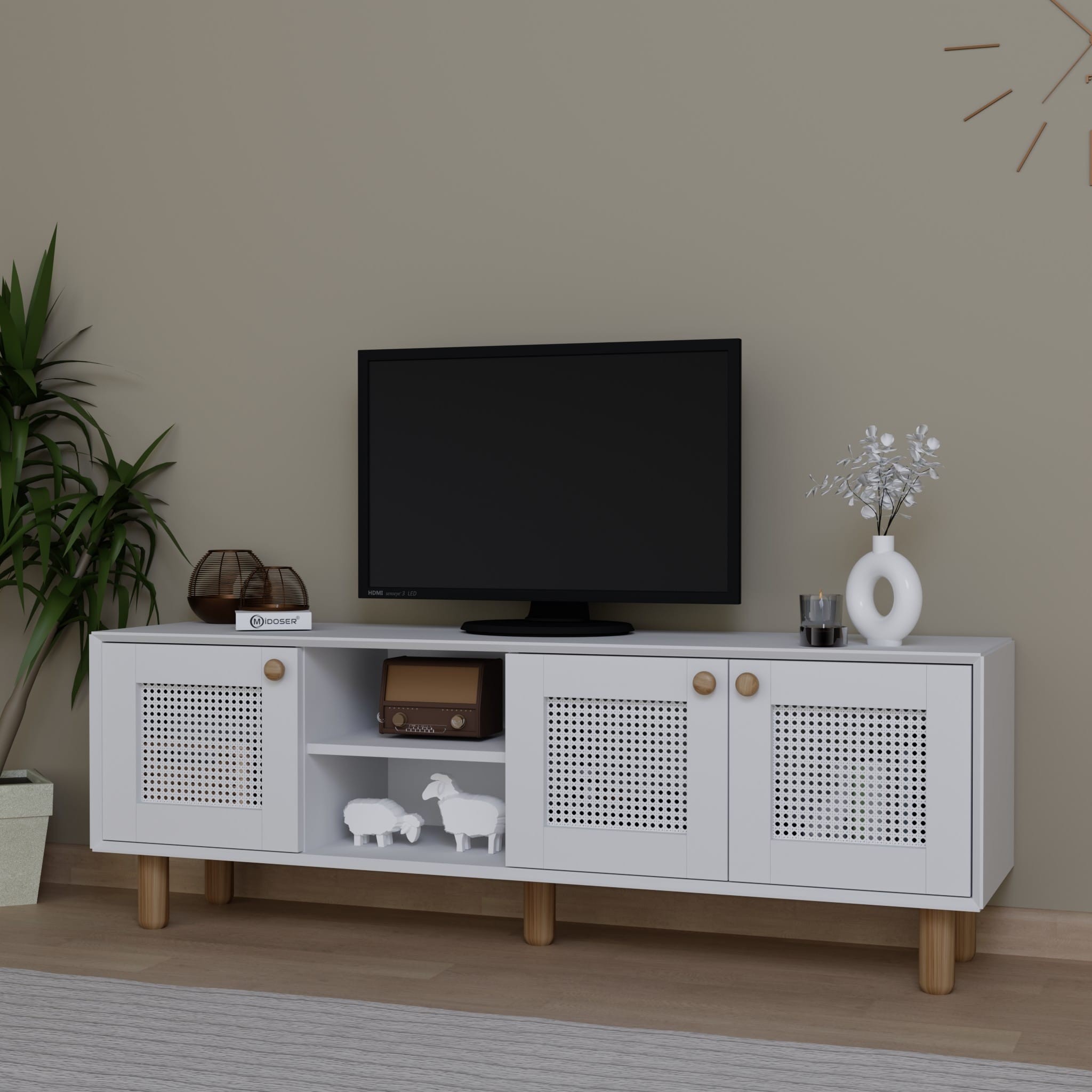 Bohem Serisi Natura Mat Beyaz Pvc Hasır Desen Tv Ünitesi