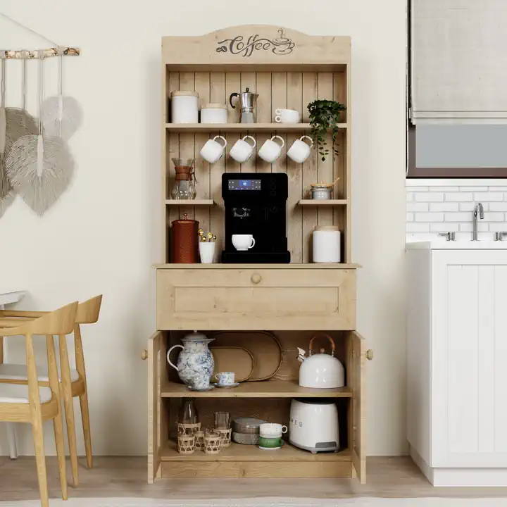 Lucas 2 Kapaklı Çekmeceli Kahve Köşesi ve Çok Amaçlı Mutfak Dolabı - Safir Meşe