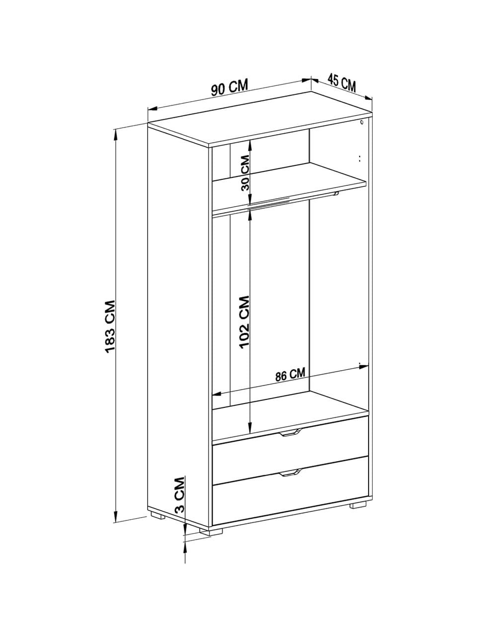 90 Cm Açık Ceviz-Beyaz 2 Kapılı 2 Çekmeceli Elbise Dolabı - Gardırop