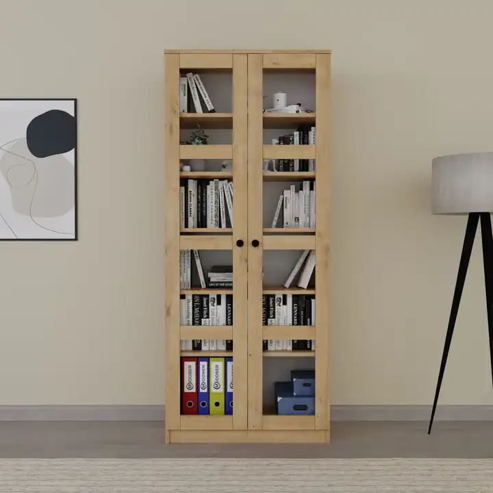 Lucas Cam Kapaklı Vitrin - Büfe - Kitaplık ve Çok Amaçlı Dolap ( AYARLANABİLİR RAF ) Ceviz - Meşe