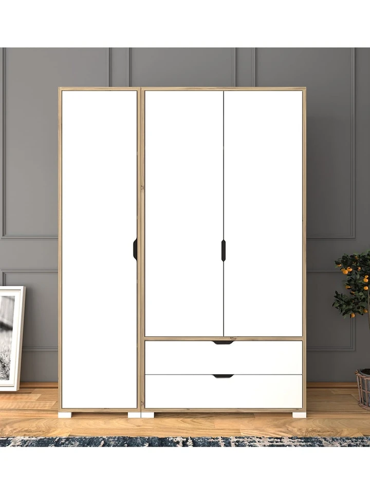 Nisan Açık Ceviz-beyaz 3 Kapılı 2 Çekmeceli Elbise Dolabı - Gardırop Seti