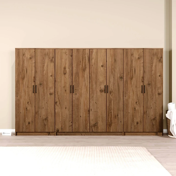 Kardelen Serisi Atlantik Çam 8 Kapaklı 13 Raflı 300 Cm Elbise Dolabı - Gardırop Seti