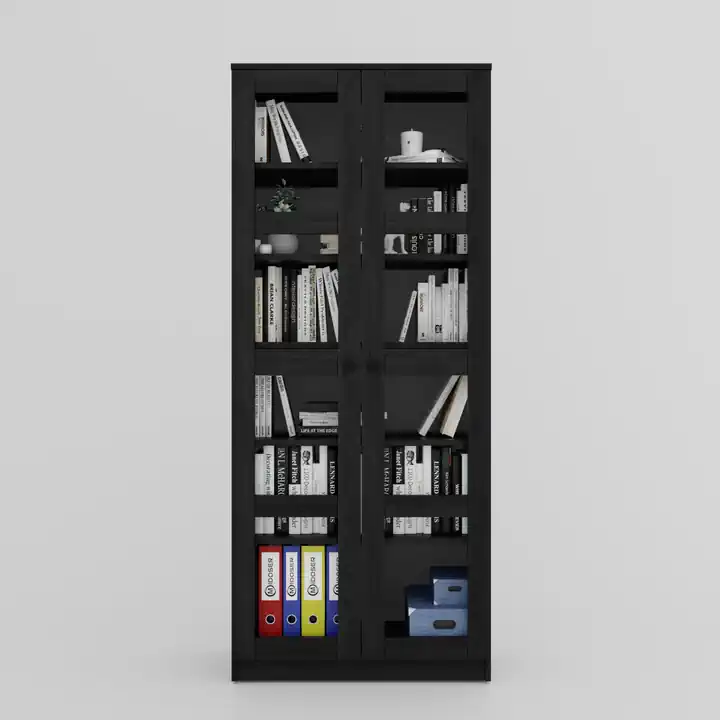 Lucas Cam Kapaklı Vitrin - Büfe - Kitaplık ve Çok Amaçlı Dolap ( AYARLANABİLİR RAF ) - Siyah