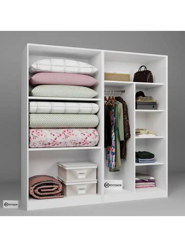 Lucas 4 Kapaklı 8 Raflı Yüklük ve Elbise Dolabı Seti - Mat Beyaz