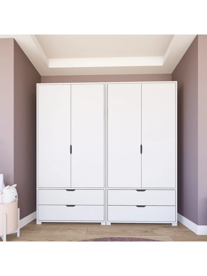 Duru Mat Beyaz 4 Kapılı 4 Çekmeceli Elbise Dolabı - Gardırop Seti