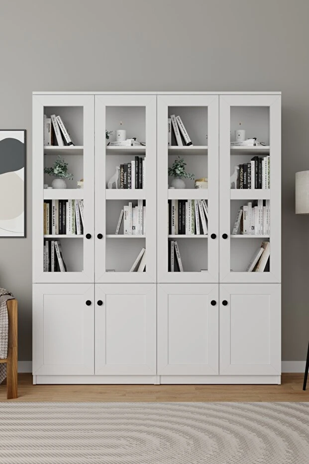 Lisa 8 Kapaklı Beyaz Vitrin Seti - Kitaplık ve Çok Amaçlı Dolap