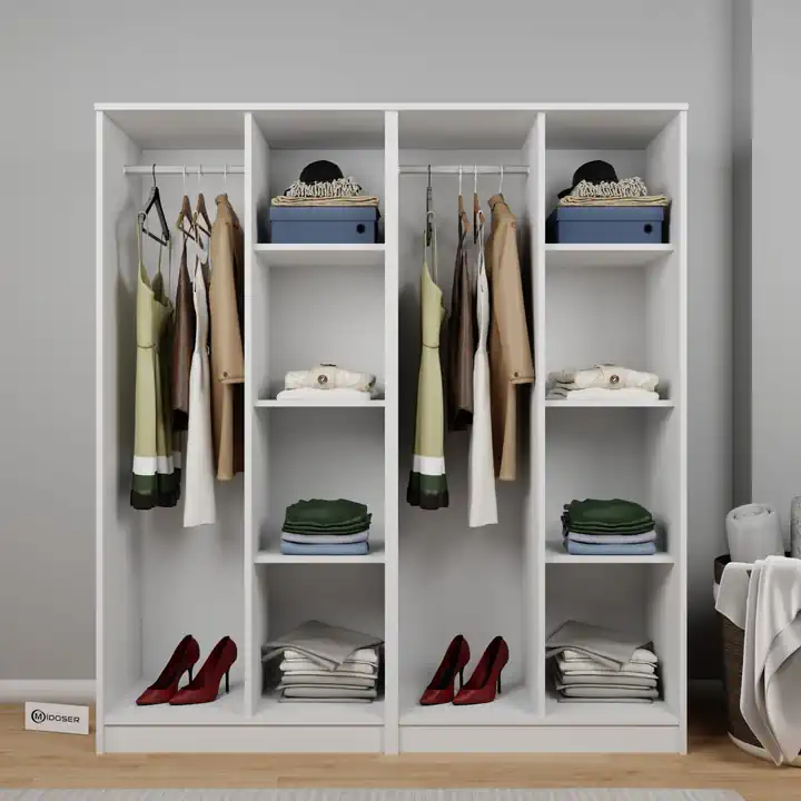 Kardelen Serisi 160 cm Mat Beyaz 4 Kapılı 8 Raflı Elbise Dolabı - Gardırop Seti