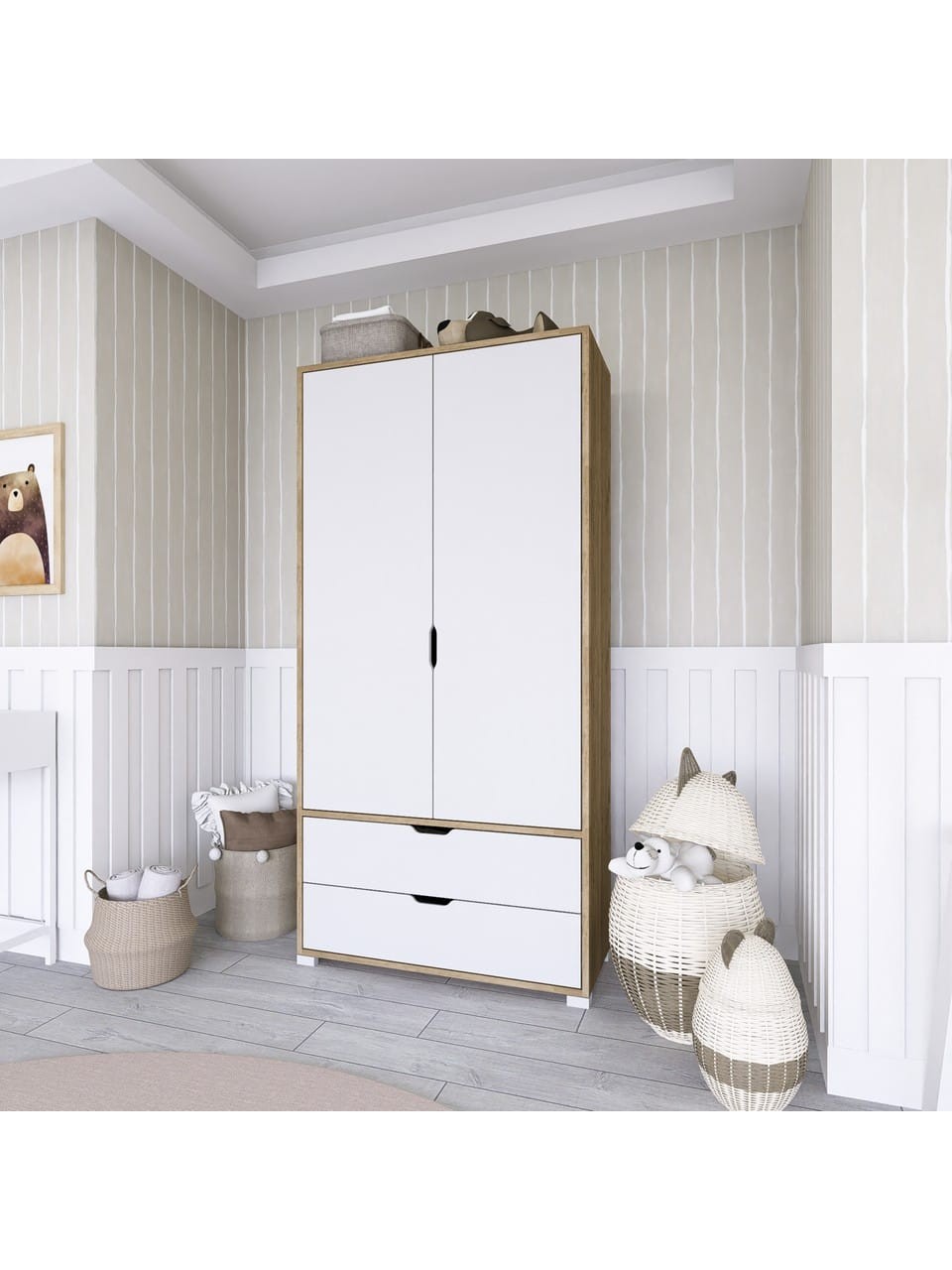 90 Cm Açık Ceviz-Beyaz 2 Kapılı 2 Çekmeceli Elbise Dolabı - Gardırop