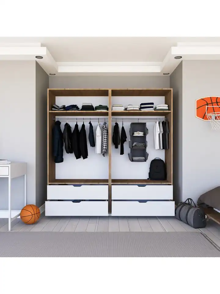 Nisan Açık Ceviz-beyaz 4 Kapılı 4 Çekmeceli Elbise Dolabı - Gardırop Seti