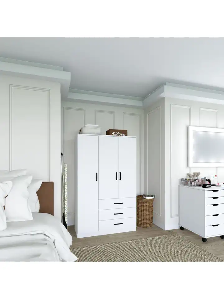 Easy Mat Beyaz 3 Kapılı 3 Çekmeceli Çok Amaçlı Elbise Dolabı