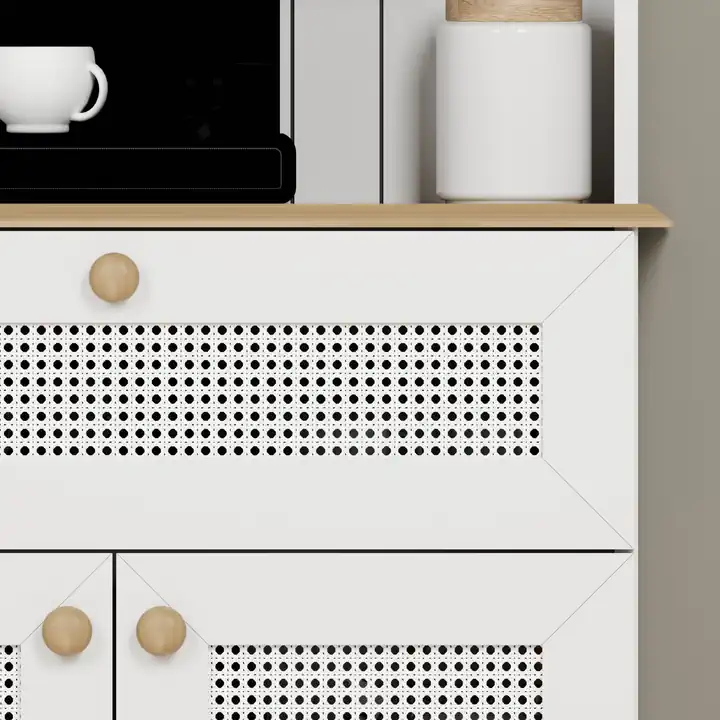 Lucas 2 Kapaklı Çekmeceli Pvc Hasır Desen Kahve Köşesi & Çok Amaçlı Mutfak Dolabı-Açık Ceviz & Beyaz