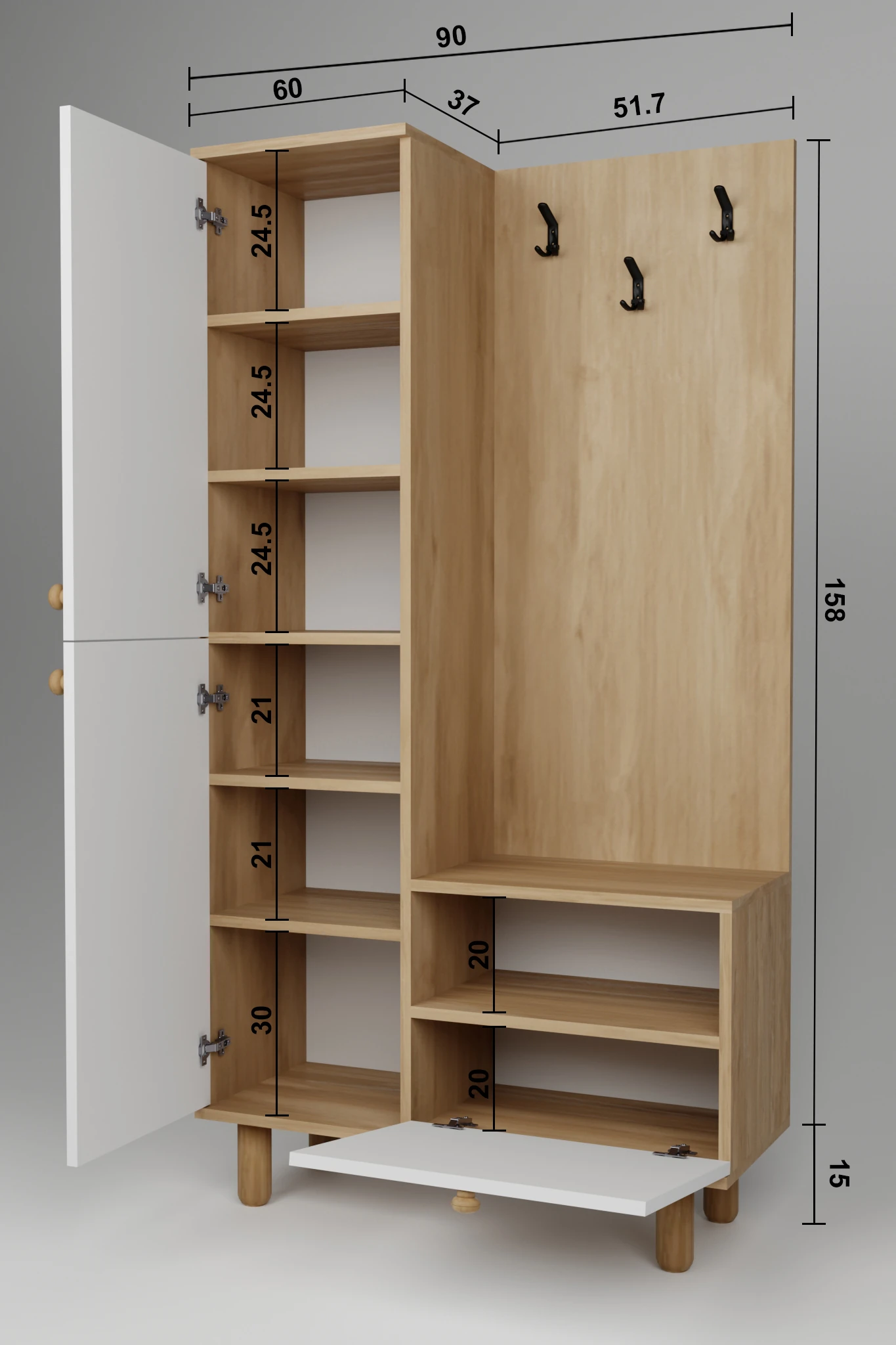 Forma Membran Kapaklı Portmanto 6 Raflı Askılıklı Ayakkabılık Raflı Vestiyer Beyaz - Meşe