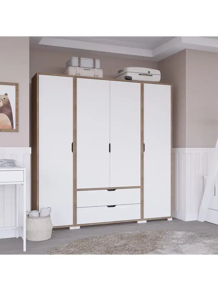 Nisan Açık Ceviz-beyaz 4 Kapılı 2 Çekmeceli Elbise Dolabı - Gardırop Seti