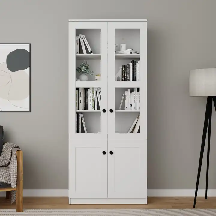 Lisa 4 Kapaklı Beyaz Vitrin - Kitaplık ve Çok Amaçlı Dolap