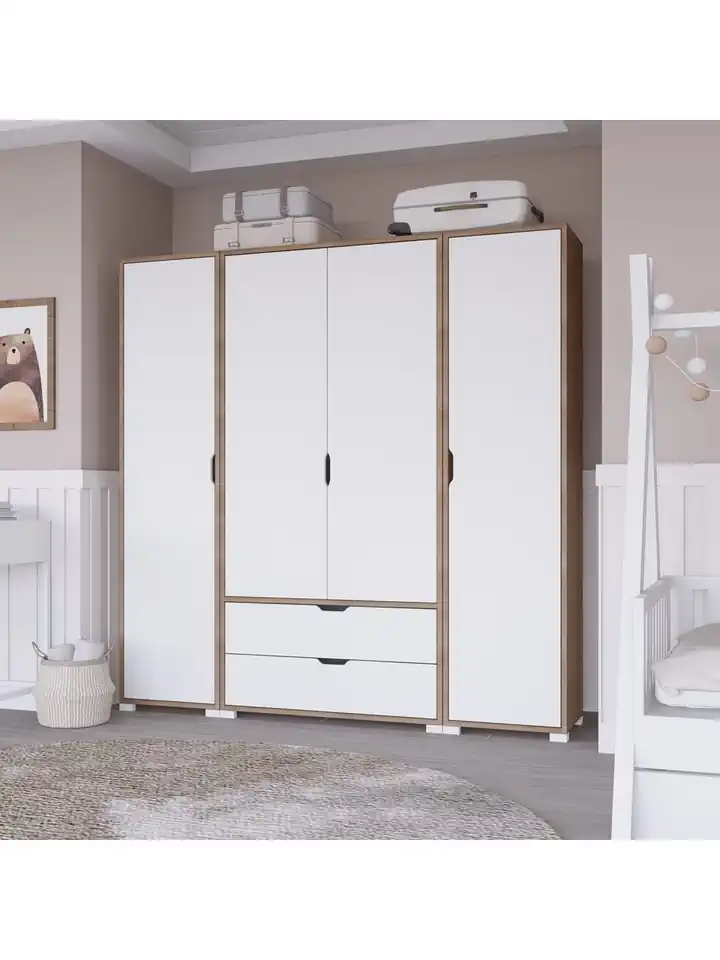 Nisan Açık Ceviz-beyaz 4 Kapılı 2 Çekmeceli Elbise Dolabı - Gardırop Seti