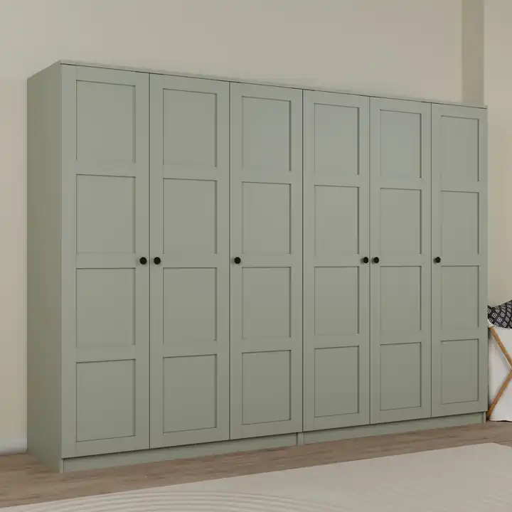 Lucas 6 Kapaklı,15 Raf Bölmeli Yüklük & Askılıklı Geniş Elbise Dolabı-Gardırop Yeşil 190x270 cm