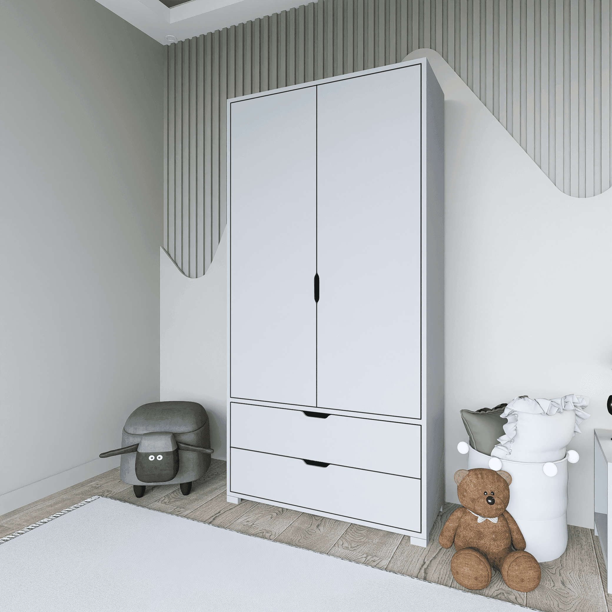 Duru 90 Cm Mat Beyaz 2 Kapılı 2 Çekmeceli Elbise Dolabı - Gardırop