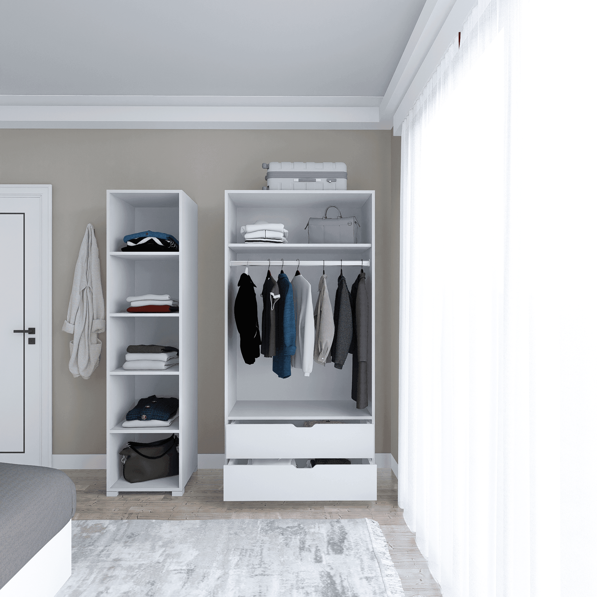 Duru Mat Beyaz 3 Kapılı 2 Çekmeceli Elbise Dolabı - Gardırop Seti