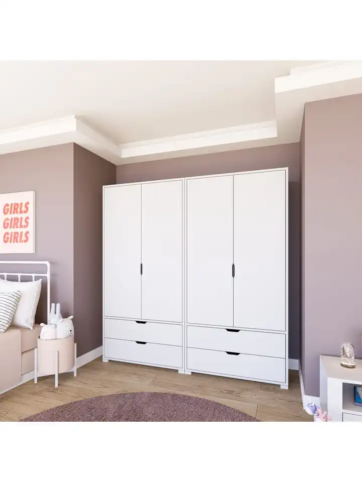 Duru Mat Beyaz 4 Kapılı 4 Çekmeceli Elbise Dolabı - Gardırop Seti