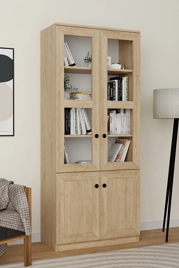 Lisa 4 Kapaklı Safir Meşe Vitrin -Kitaplık ve Çok Amaçlı Dolap