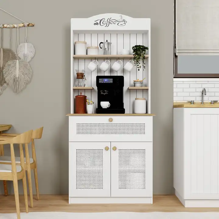 Lucas 2 Kapaklı Çekmeceli Pvc Hasır Desen Kahve Köşesi & Çok Amaçlı Mutfak Dolabı-Açık Ceviz & Beyaz