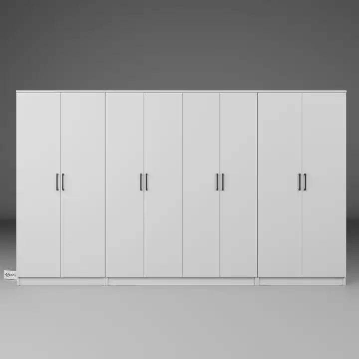 Kardelen Serisi 300 cm Mat Beyaz 8 Kapılı 13 Raflı Elbise Dolabı - Gardırop Seti