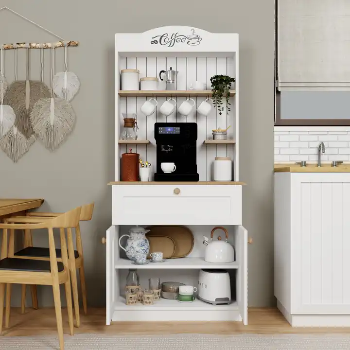 Lucas 2 Kapaklı Çekmeceli Kahve Köşesi ve Çok Amaçlı Mutfak Dolabı - Açık ceviz & Beyaz